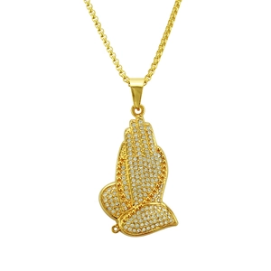 Hip Hop Men Praying Hands Pendant Necklace Alloy Gold Plated Rhinestone Inlaid Box Chain Religious Jewelry Gift