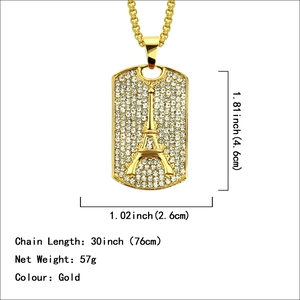 Iced out gold hip hop dog tag necklace with Eiffel Tower pendant and 30 inch box chain
