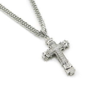 Hip hop silver plated Cuban link chain with a large iced-out cross pendant for men