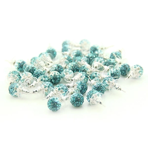 Macro shot of 10mm sparkling Shamballa crystal ball stud earrings with blue rhinestones