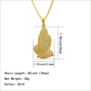 Hip hop praying hands pendant necklace with sparkling rhinestones on golden bead chain