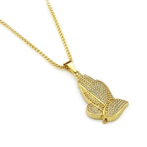 Hip hop 14K gold plated praying hands pendant necklace with iced out crystals