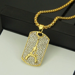 Hip hop Eiffel Tower dog tag necklace with crystals on gold box chain link