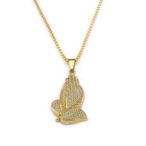 Men's hip hop 14K gold plated praying hands pendant necklace with micro paved rhinestones