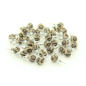 Detail view of 10mm leopard pattern crystal ball earrings with clear plastic backings