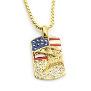 US flag and eagle military dog tag pendant necklace with crystals on gold box chain