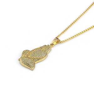 Hip hop 14K gold plated praying hands pendant necklace with sparkling white crystals