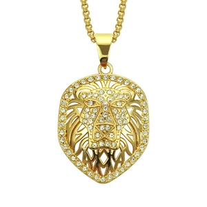 Hip Hop Iced Out Lion Head Pendant Necklace For Men Gold Plated Alloy Shield Hollow Rhinestone Pave Streetwear Jewelry