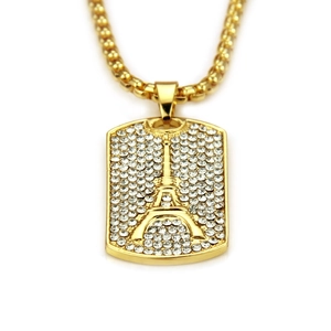 Golden Eiffel Tower rectangular pendant necklace with sparkling white rhinestones