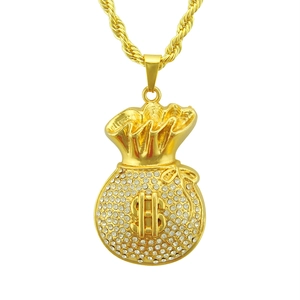 Iced out gold dollar money bag pendant necklace with a twisted rope chain for hip hop style