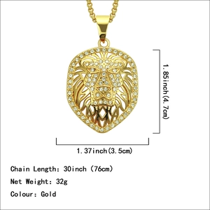 Hip hop lion head pendant necklace in gold with rhinestones and size measurements