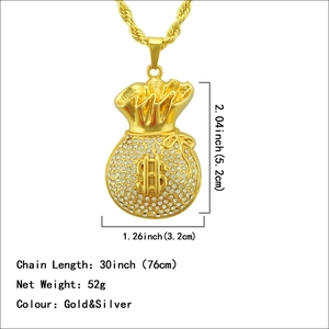Hip hop 18k gold plated money bag pendant necklace with iced out crystals and 30 inch chain