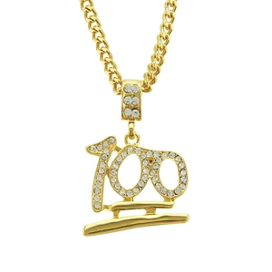 Collana con Pendente Emoji 100 Hip Hop Iced Out per Uomo Placcato Oro Argento Strass Intarsiato Catena Cubana Lunga Gioielli