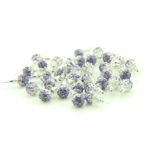 Detail shot of multi-piece sparkling purple and silver pave crystal ball stud earrings
