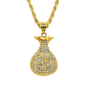 Collier Pendentif Sac d'argent Hip Hop Hommes Couleur Or Argent Signe Dollar Strass Incrusté Alliage Chaîne Torsadée Bijoux