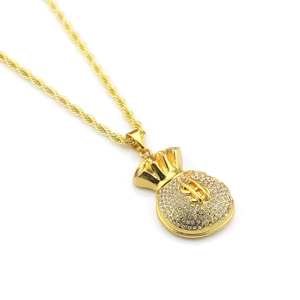 Hip hop style gold dollar money bag pendant necklace with sparkling rhinestones