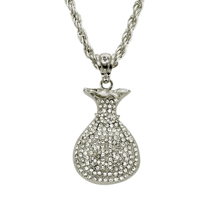Collier avec pendentif sac d'argent en argent glacé et signe dollar