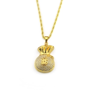 Hip hop money bag pendant necklace with gold plating and white rhinestones on rope chain