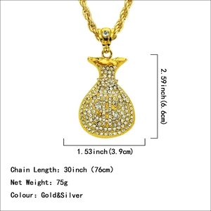 Collier hip hop pendentif sac de dollars doré serti de cristaux avec chaîne torsadée