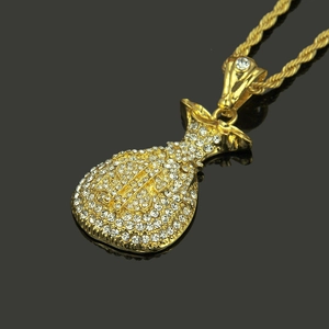 Collier hip-hop avec pendentif sac d'argent, signe dollar et chaîne en or torsadée