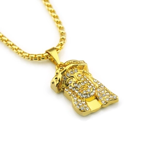 Gold hip hop Jesus piece pendant necklace with sparkling crystals and box chain link
