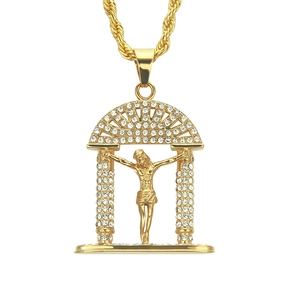 Collier Pendentif Arche Portrait de Jésus Hip Hop Alliage Incrusté de Strass Chaîne Torsadée Bijoux Religieux pour Hommes Femmes