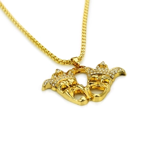 Gold hip hop necklace with iced-out crown comedy tragedy masks pendant on box chain