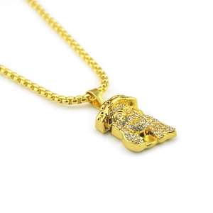 Punk style hip hop gold pendant necklace featuring iced out Jesus head with clear rhinestones