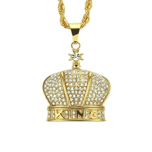 Hip Hop Alloy Crown KING Pendant Necklace Pave Rhinestone Gold Silver Color Rope Chain Jewelry For Men Party