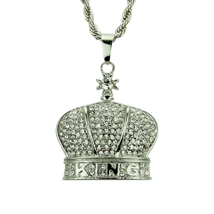 Hip hop style silver crown necklace with iced out rhinestones and King lettering