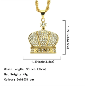Iced out gold KING crown hip hop pendant necklace with rhinestones and twist chain