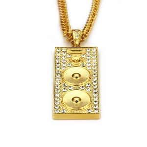 Hip hop gold necklace with square speaker pendant and sparkling rhinestone inlay