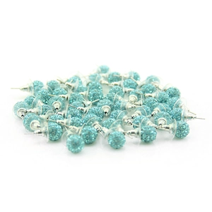 Close-up of light blue crystal ball stud earrings with sparkling pave rhinestones