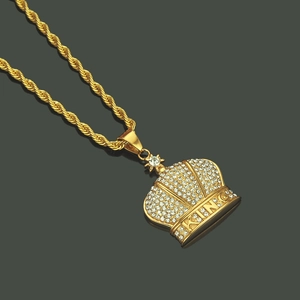 Hip hop gold crown necklace with iced out rhinestones and King letter pendant on rope chain