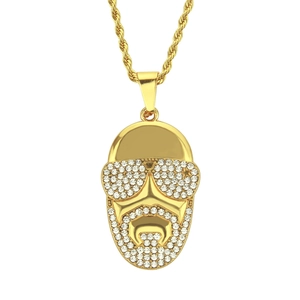 Collier Pendentif Visage de Rappeur Hip Hop Iced Out Alliage Plqué Or Strass Pavé Homme Barbu Chaîne de Corde Bijoux Homme
