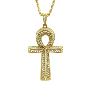Hip Hop Egyptian Ankh Cross Pendant Necklace For Men Gold Plated Alloy Rhinestone Key Of Life Jewelry Rope Chain Necklaces