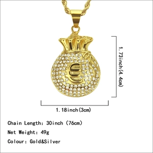 Collar hiphop con colgante de bolsa de dinero dorada, símbolo euro y cristales