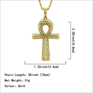 Iced out gold Ankh key cross pendant necklace with rhinestones and rope chain