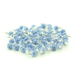 Macro view of light blue crystal disco ball stud earrings with clear plastic backings