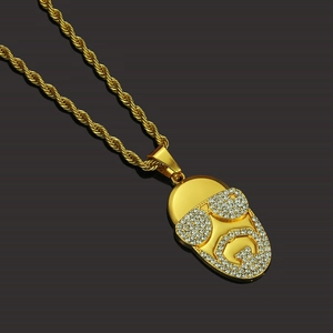 Collier pendentif portrait doré hip hop avec strass glacés et chaîne en corde