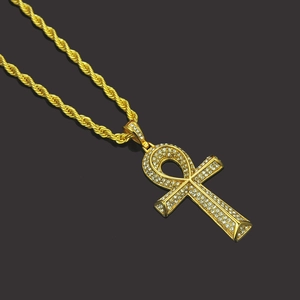 Hip hop style gold Egyptian Ankh cross pendant with iced out rhinestones on twist chain