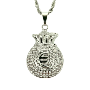 Collar hip hop plateado con colgante de bolsa de dinero y símbolo euro de cristal