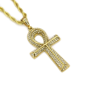 Gold plated iced out Ankh cross pendant necklace with sparkling cubic zirconia on rope chain