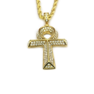 Hip-hop Egyptian Ankh Key cross pendant necklace with gold plating and iced out crystals