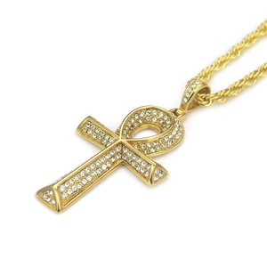 Hip hop style gold Egyptian Ankh cross pendant necklace with sparkling clear rhinestones