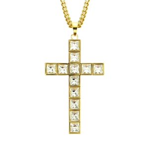 Collier croix hip hop dorée avec diamants baguette et grosse chaîne de corde dorée