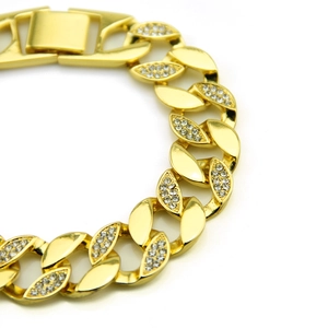 Bracelet gourmette hip hop plaqué or pour hommes avec strass blancs scintillants