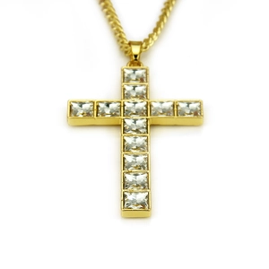 Collier hip-hop croix dorée avec cristaux carrés et chaîne à maillons cubains chic