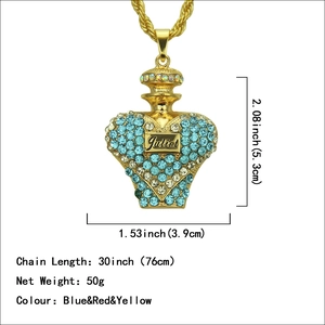 Collier pendentif flacon de parfum cœur avec cristaux bleus et gravure Juliet sur chaîne