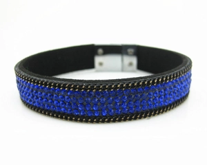 Navy blue velvet bracelet with 4-row rhinestones and silver magnetic metal clasp